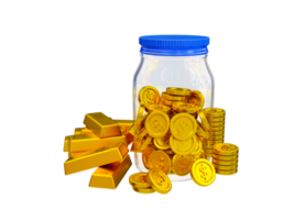 3d realistic bullion and money. Investment concept. collecting money and gold for speculation concept. dollar coin in a glass jar and gold bars beside. 3d rendering illustration. png