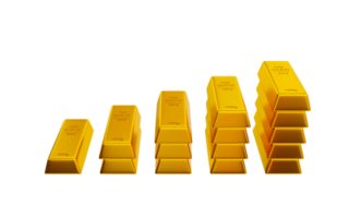 3d realistic stack of gold. gold growth concept. the growing pile of gold bars. 3d rendering illustration. png