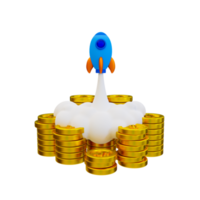 3d growing startup concept. business success. Project starting concept. rocket launching from coins. 3d rendering illustration. png