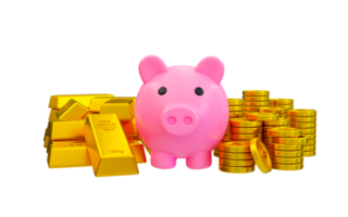3d minimal asset-saving concept. asset valuation concept. realistic gold bars with piggy bank, and a pile of money. 3d rendering illustration. png