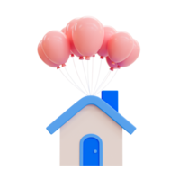 3d minimaal echt landgoed waarde concept. Bedrijfsmiddel waardering. toekomst eigendom investering concept. klein huis met ballonnen. 3d renderen illustratie. png
