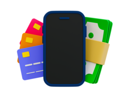 3d minimaal credit kaart concept. geldloos betaling concept. online betaling concept. smartphone met bankbiljet en credit kaart. 3d renderen illustratie. png