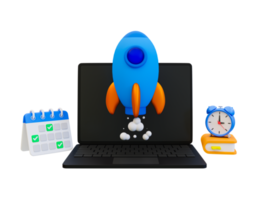 3d minimal Rocket launch. business start-up concept. mission started. laptop with a rocket launching, calendar, books, and alarm clock. 3d rendering illustration. png