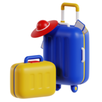 Travel luggage with beach hat 3d travel and holiday illustration png