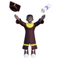 3d illustration of graduated college student throwing mortarboard and diploma in the air png