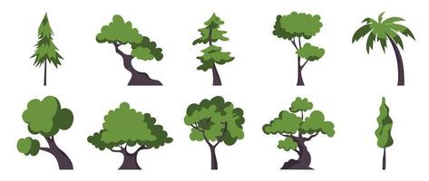 Set of cartoon trees vector. Simple modern style flat forest, jungle, coconut trees, deciduous meadow cute green plants. Design illustration for agricultural garden, nature park, comic landscape. vector