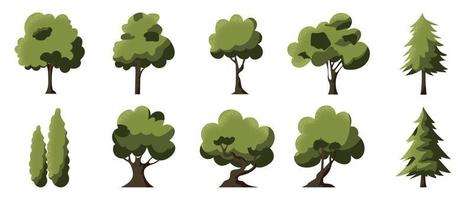 Set of cartoon trees vector. Simple modern style flat forest, jungle, pine, cute green plants with dot shade texture. Design illustration for agricultural garden, nature park, comic landscape, game. vector