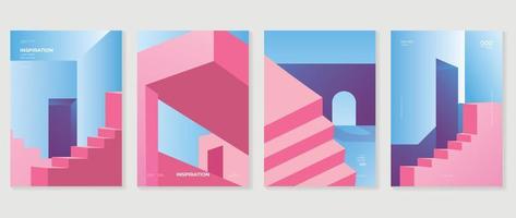 Abstract gradient background vector set. Minimalist style cover template with vibrant 3d geometric building shapes, stairs, room perspective. Design for social media, poster, cover, banner, flyer.