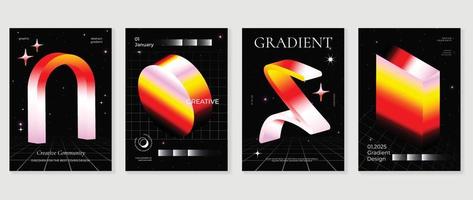 Abstract gradient background vector set. Futuristic style cover template with vibrant 3d geometric shapes and cosmic bright star texture. Design ideal for social media, poster, cover, banner, flyer.