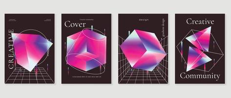 Abstract gradient background vector set. Futuristic minimal style cover template with colorful vibrant 3d geometric shapes prism and white lines. Design for social media, poster, cover, banner, flyer.