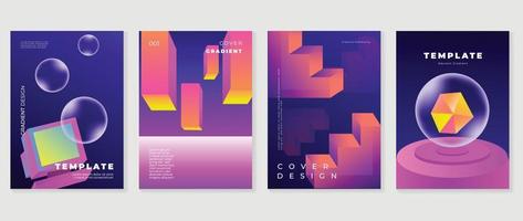 Abstract gradient background vector set. Minimalist style cover template with vibrant 3d geometric shapes, stairs, bubble, y2k vintage computer. Design for social media, poster, cover, banner, flyer.