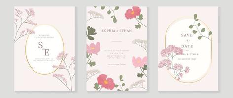 Luxury wedding invitation card background vector. Elegant watercolor botanical pink theme wildflowers and geometric gold frame texture. Design illustration for wedding and vip cover template, banner. vector