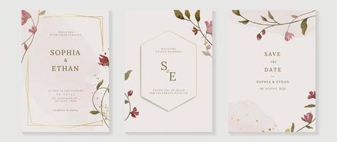 Luxury wedding invitation card background vector. Elegant watercolor botanical floral leaf branch and geometric gold frame texture. Design illustration for wedding and vip cover template, banner. vector