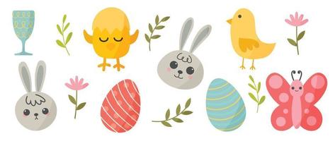 Happy Easter comic element vector set. Cute hand drawn rabbit, chicken, easter egg, spring flowers, leaf branch, butterfly. Collection of doodle animal and adorable design for decorative, card, kids.