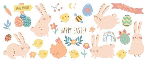 Happy Easter comic element vector set. Cute hand drawn rabbit, chicken, easter egg, spring flowers, leaf branch, insect. Collection of doodle animal and adorable design for decorative, card, kids.