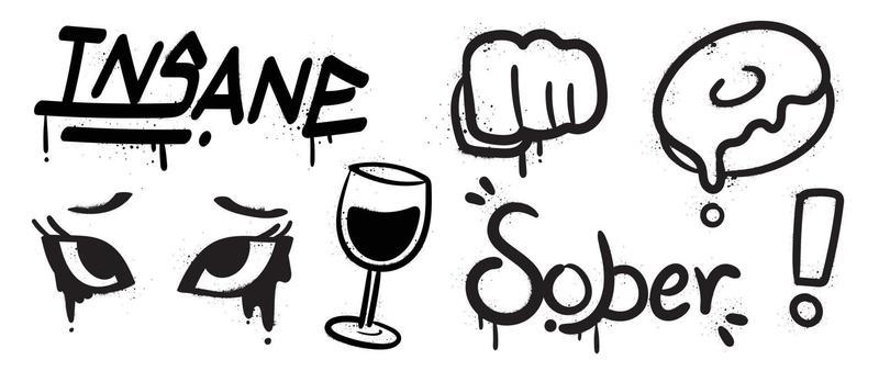 Set of graffiti spray paint vector. Black brush paint ink drip texture collection of text, wine glass, fist, doughnut, face. Design illustration for decoration, card, sticker. banner, street art.