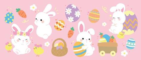 Happy Easter comic element vector set. Cute hand drawn fluffy rabbit, easter eggs, spring flowers, carrot, chick, basket. Collection of doodle animal and adorable design for decorative, card, kids.