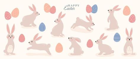 Happy Easter comic element vector set. Hand drawn cute rabbit, playful bunny in different characters and easter eggs. Collection of doodle animal and adorable design for decorative, card, kids.