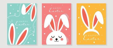 Happy Easter element cover vector set. Cute hand drawn white rabbit decorate with dot texture and line art on colorful background. Collection of adorable doodle design for decorative, card, kids.