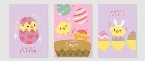 Happy Easter element cover vector set. Hand drawn yellow playful cute chicks decorate with easter eggs, basket, egg cup holders. Collection of adorable doodle design for decorative, card, kids.