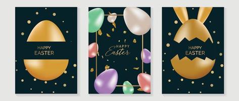 Happy Easter luxury element cover vector set. Elegant 3D shiny colorful easter eggs with foil confetti texture and square gold frame. Adorable glamorous design for decorative, card, kids, poster.