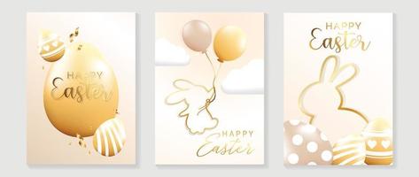 Happy Easter luxury element cover vector set. Elegant golden 3D easter egg decorate with shiny gold ribbon, balloon, rabbit shape line. Adorable glamorous design for decorative, card, kids, poster.