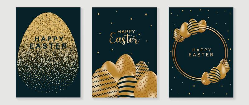 Happy Easter luxury element cover vector set. Elegant glittering golden egg shape and 3D shiny golden striped pattern easter eggs. Adorable glamorous design for decorative, card, kids, poster.
