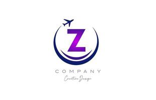 Z alphabet letter logo with plane for a travel or booking agency in purple. Corporate creative template design for company and business vector