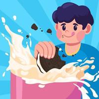 A Boy Dipping Cookie into a Glass of Milk vector