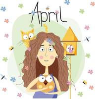 abril linda niña vector ilustración en plano estilo. calendario. primavera humor.