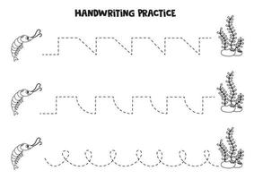 rastreo líneas para niños. linda camarón y algas marinas. escritura práctica. vector