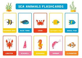 Cute cartoon sea animals with names. Flashcards for learning English. vector