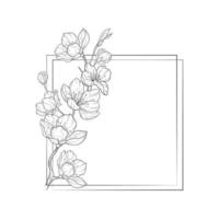 Floral Line Art frame, Sakura Flower Outline Illustration Set. Hand Painted Doodle Flowers. Perfect for wedding invitations, bridal shower and floral greeting cards. Black and white stencil flowers vector