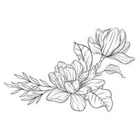 Floral Line Art. Magnolia Flower Outline for Floral Coloring Pages, Minimalist Modern Wedding invitations vector