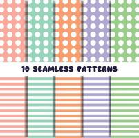 10 seamless patterns in delicate colors, polka dots and stripes, for the design of fabrics, wallpaper, tiles, packaging. vector