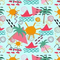 Seamless abstract pattern with sun, sea, boat, footprints, sand, palm tree, in vibrant colors. Design for fabric, wrapping, wallpaper. vector