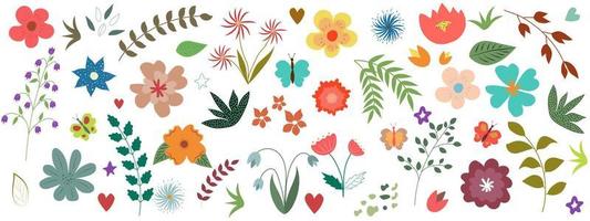 Floral collection with leaves, flower bouquets. Vector flowers. Spring art print. Folklore style. Icons isolated on white background.