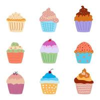 Delicious muffins with different fillings. Set of muffins for menu design, cafe, flyers, web page. vector