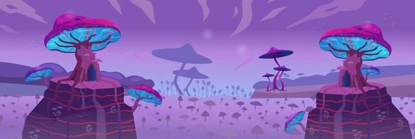 Surreal landscape with glowing magic mushrooms. Gaming fantasy background. vector