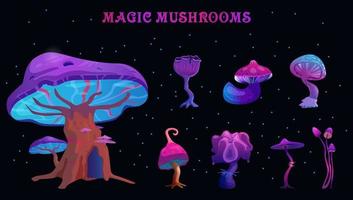 Glowing magic mushrooms vector illustrations set.