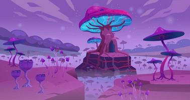 Surreal ladscape with glowing magic mushrooms. Gaming fantasy background. vector