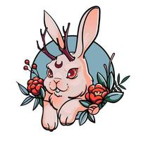 Colored portrait of white cute rabbit with antlers, surrounded by flowers, round frame, isolated on white background. Jackalope or jackrabbit. Chimera. vector