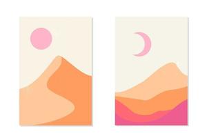 Abstract modern mountain landscape and desert with sand dune under the sun and moon. Mid century minimalistic trendy background. Organic shape in pink sandy tones. Background for social media