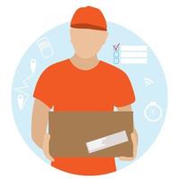 Delivery man in orange uniform with packed box on white. Flat style. Online order delivery service vector