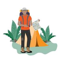 Male tourist with a map and a large backpack, set up a tent for camping or hiking. vector