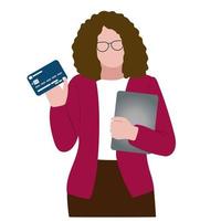 A woman holds a bank card and a tablet or laptop in her hands. The concept of bank deposits, electronic money, online payments, financial transactions. vector