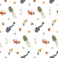 Seamless pattern with fish, crabs and squids, algae, starfish and seashells on a white. Background, wrapping paper vector