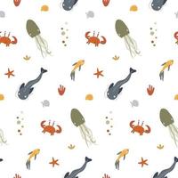 Seamless pattern with fish, crabs and squids, algae, starfish and seashells on a white. Background, wrapping paper vector