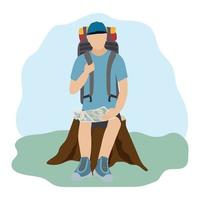 turista hombre descansando en un tocón con un mapa y un grande mochila. activo estilo de vida vector dibujos animados