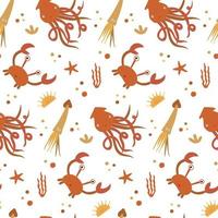 Seamless pattern with crabs and squids, algae, starfish and shells on a white. Background, wrapping paper vector